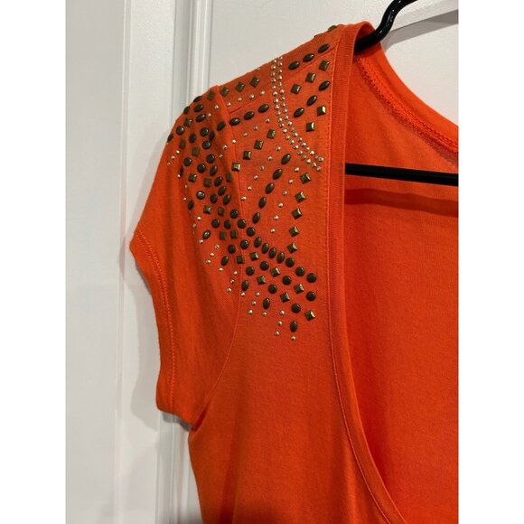Cache Orange Short Sleeve Top Rhinestone Embellishments Ruched Side Sz Medium - Picture 4 of 10